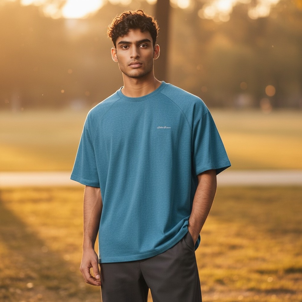 Eddie Bauer Mens Blue Heather Raglan Short Sleeve Active Performance T-Shirt